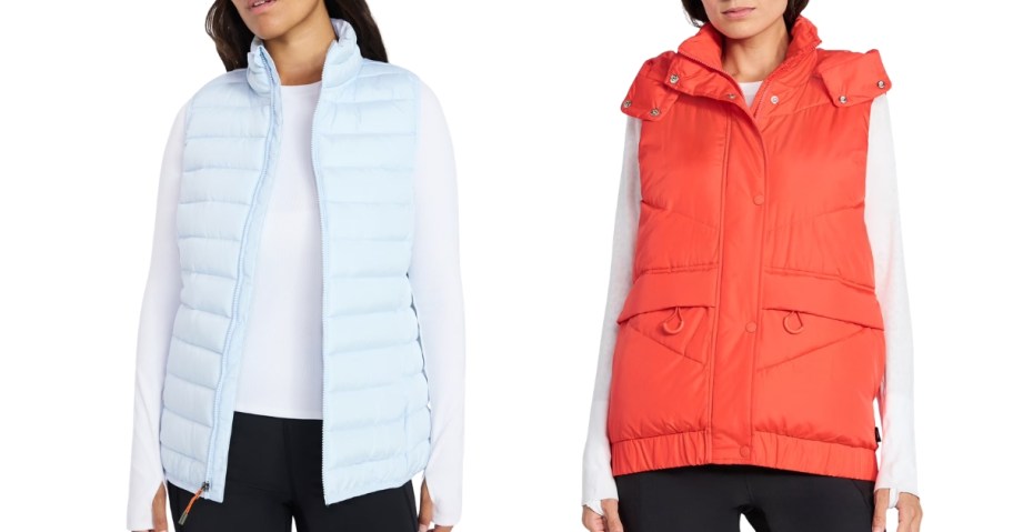 two women wearing different colors and styles of winter vests