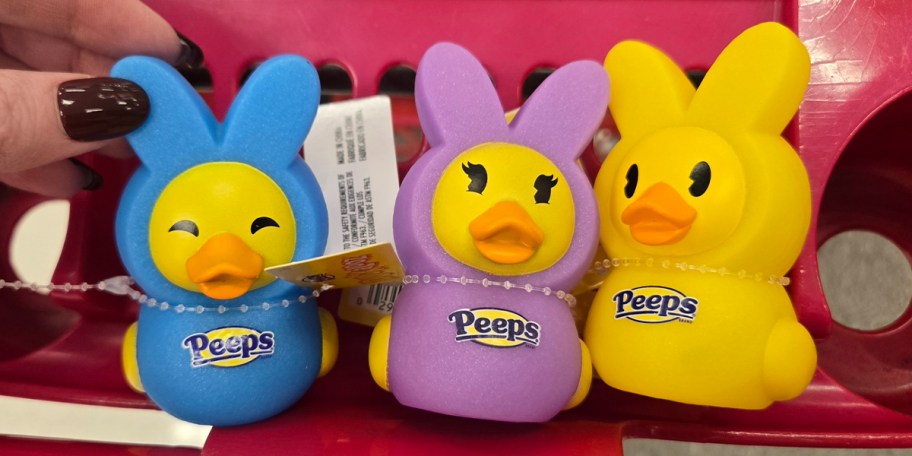 blue, purple and yellow peep ducks