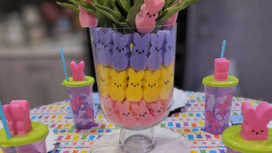 a large flower vase with foam peeps filler