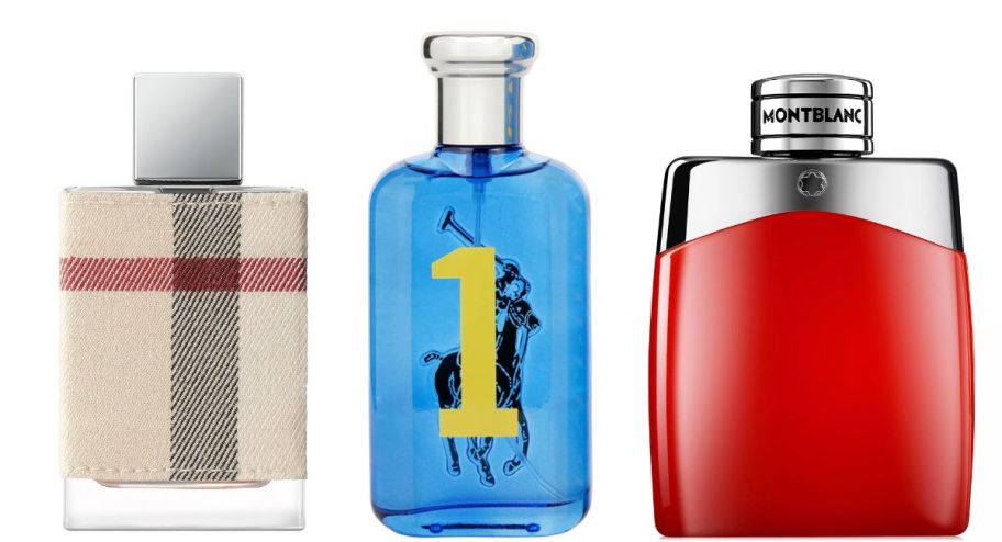 stock image of three different perfumes 