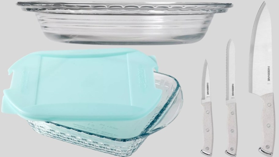 a glass pie dish, covered cake dish and 3 piece knofe set