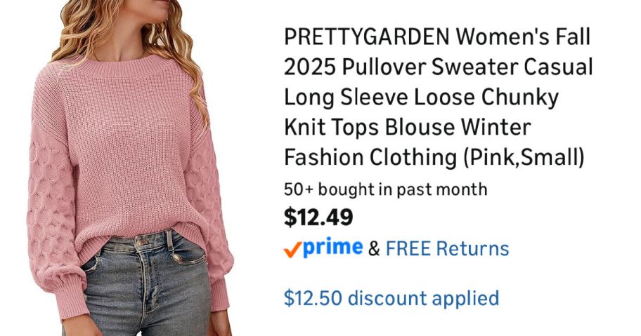 woman wearing pink sweater next to Amazon pricing information