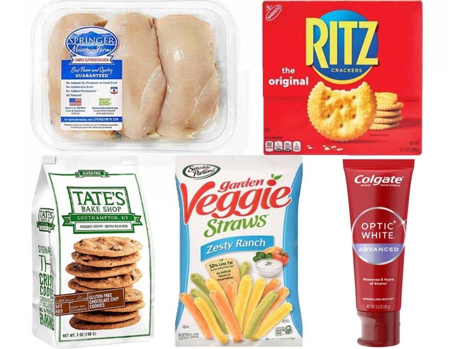 chicken breasts, ritz crackers, tates cookies, veggie straws, and colgate toothpaste 