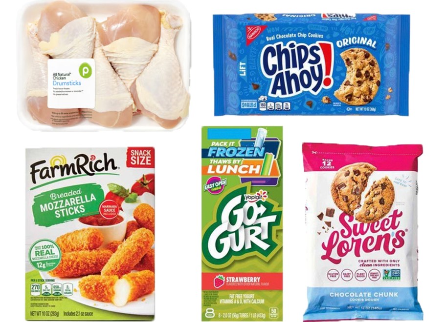 chicken drumsticks, chips ahoy cookies, farm rich mozz sticks, go gurt and lorens cookies 