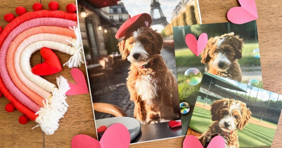 pictures of a dog in different styles and outfits on a table with Valentine's decor