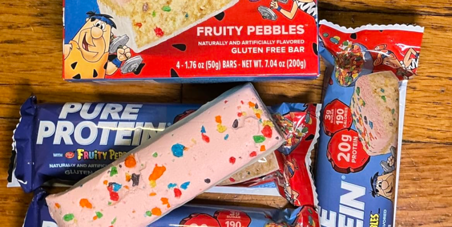 Fruity pebbles pure protein bars in the wrapper and out of the wrapper
