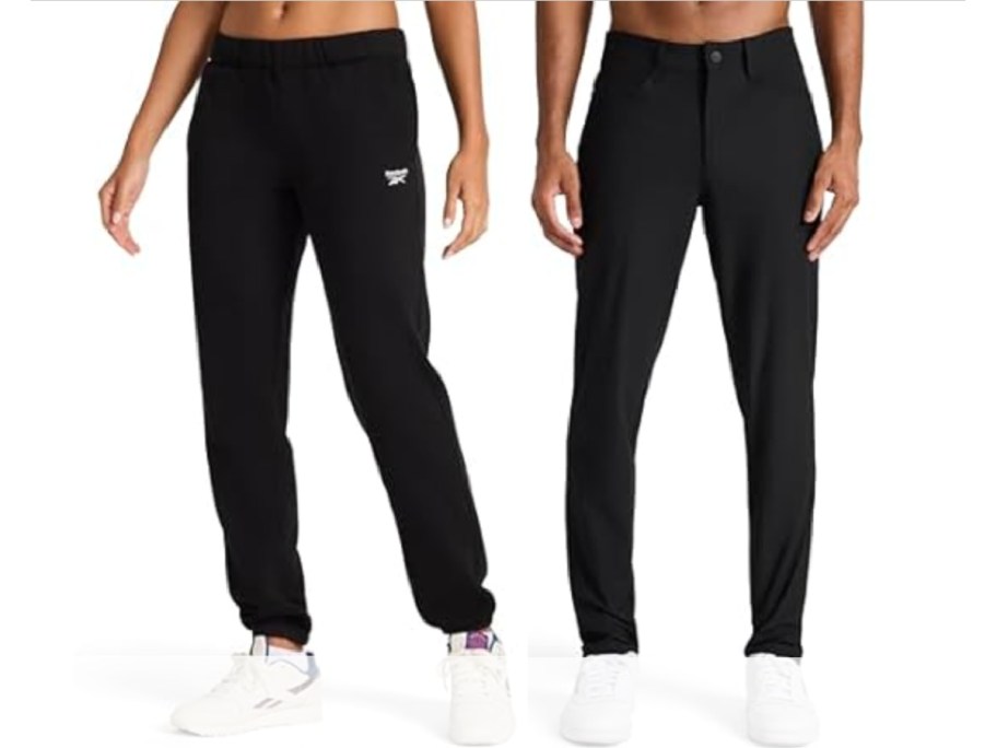Two models wear black Reebok pants: one in joggers with an elastic waistband, the other in slim-fit trousers with a button closure. Both wear white sneakers.