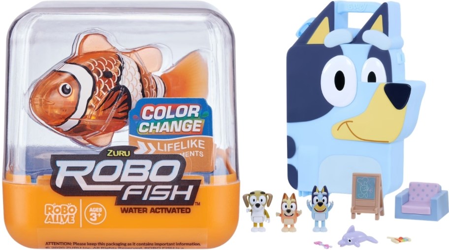 robo fish toy and bluey action figure case