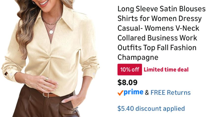 woman wearing cream colored shirt next to Amazon pricing information