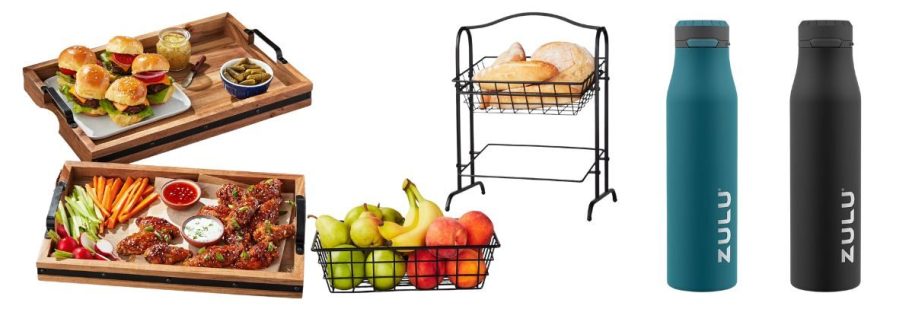 trays, baskets, and water bottles