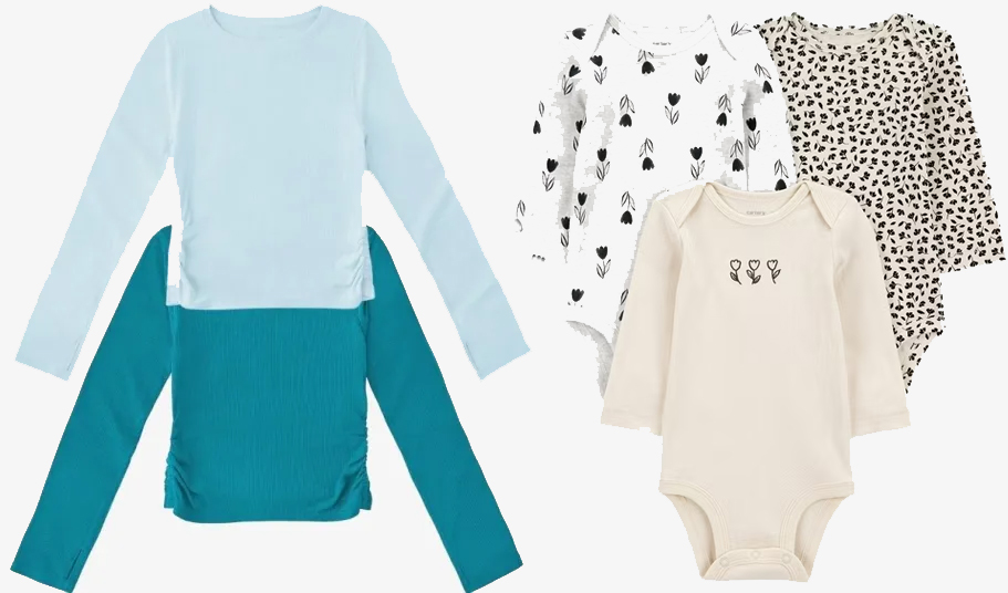 blue long sleeve tees and tan baby onesies 