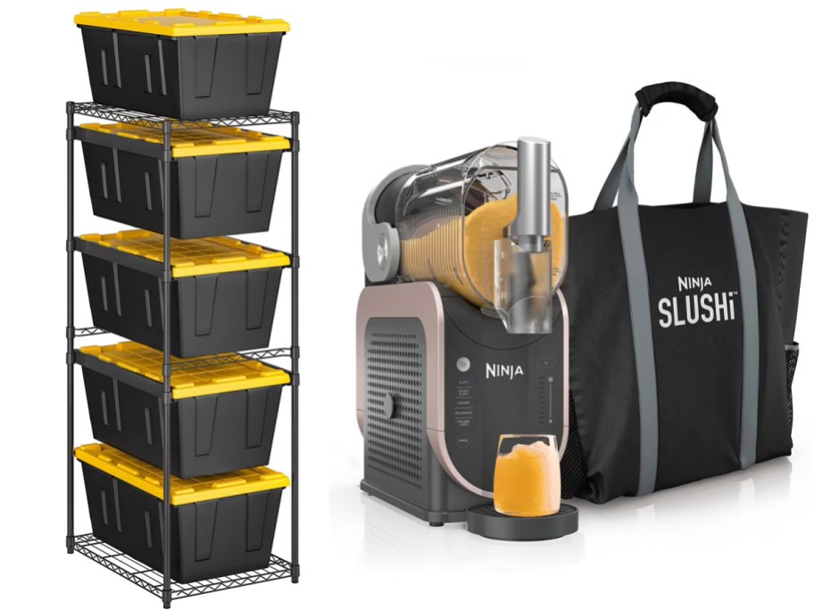 yellow and black totes on stand and ninja slushi