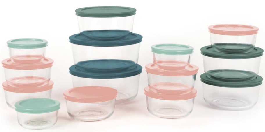 glass storage set with green and pink lids