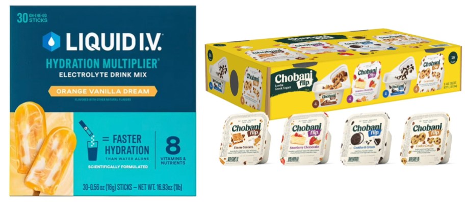 liquid iv box and chobani yogurt