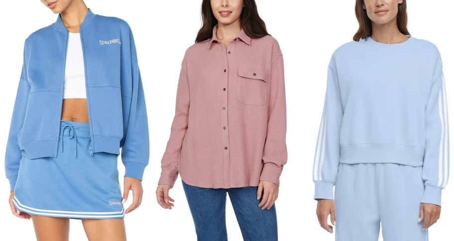 women wearing blue jackets and red shirt 