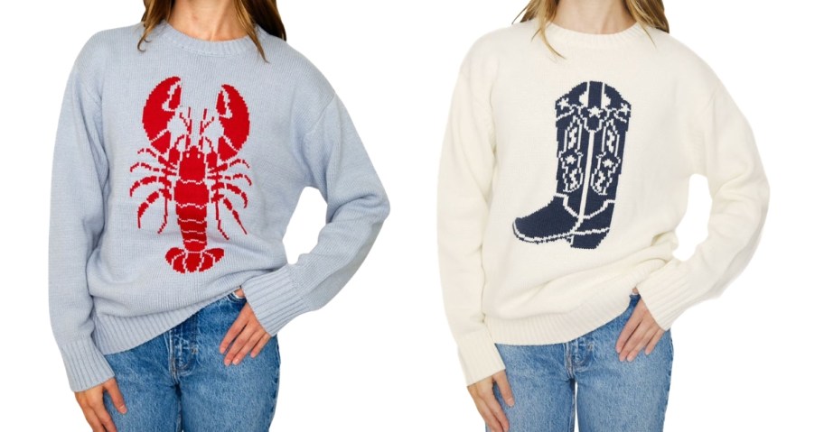 two women wearing sweaters, one has a lobster, the other has a cowboy boot
