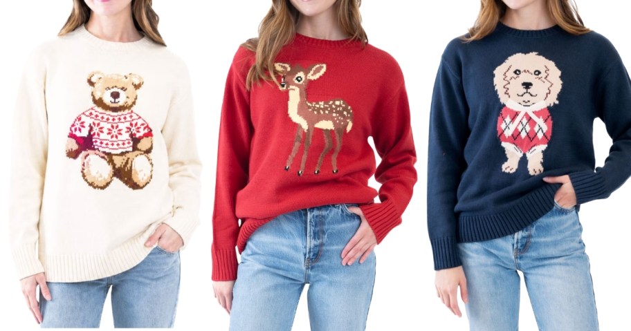 three women wearing sweaters, one has a teddy bear, one has a deer, and one has a dog