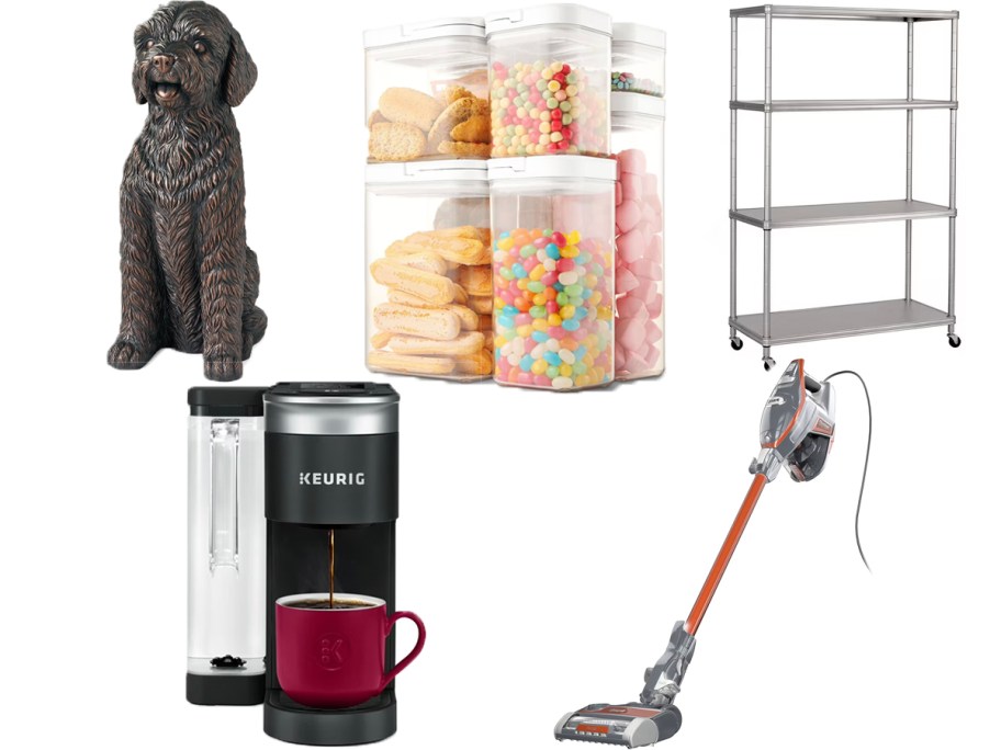 dog statue, food storage, shelves, coffee maker, and vacuum