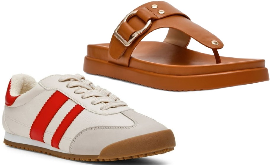 A white sneaker with two red stripes next to a brown platform thong sandal with a buckle.