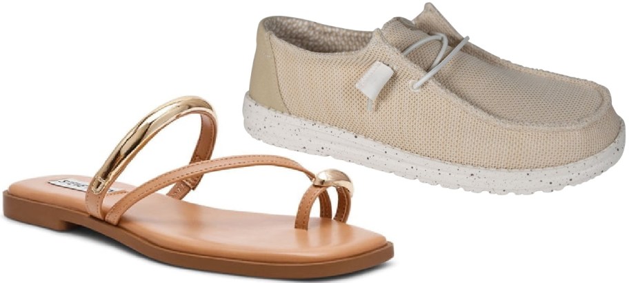 A tan flat sandal with gold accents next to a beige slip-on canvas shoe.