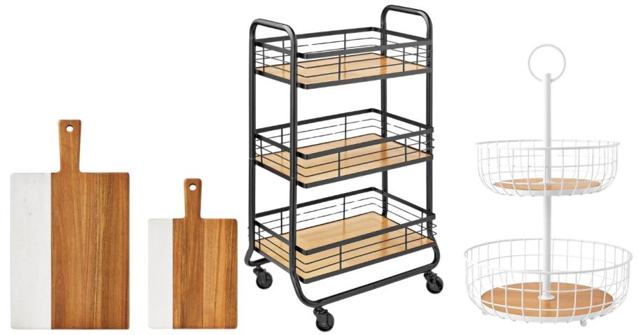 charcuterie boards, rolling cart, and basket stand