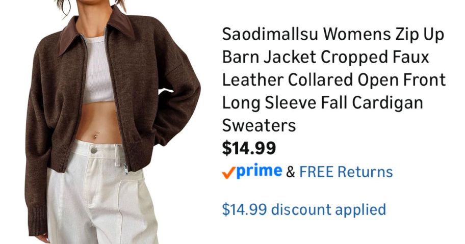 woman wearing brown jacket next to Amazon pricing information