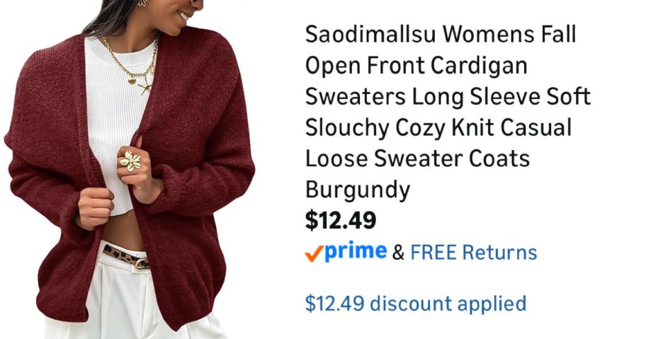 woman wearing red cardigan next to Amazon pricing information
