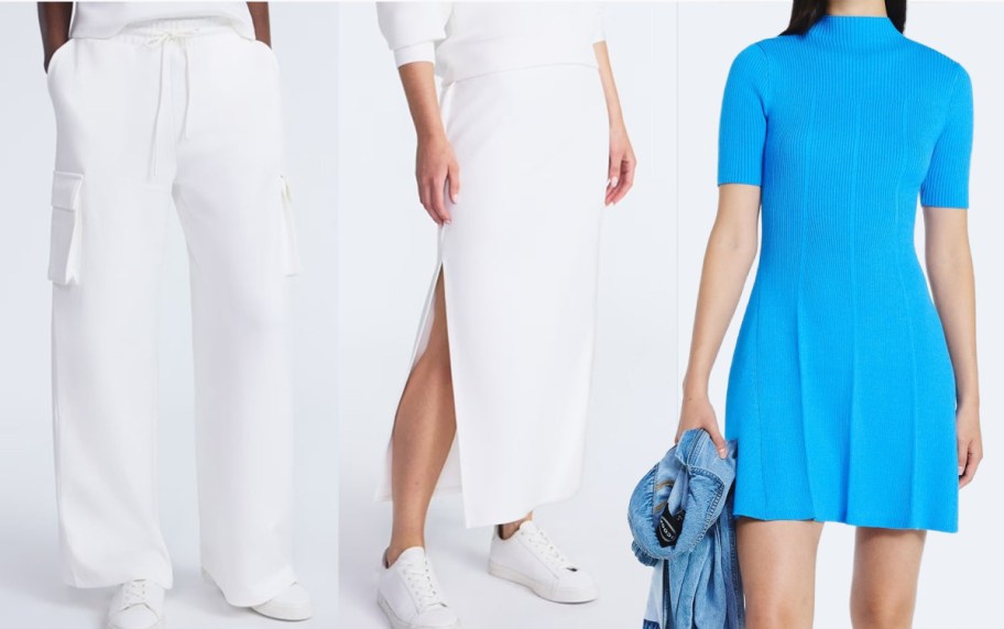 Three fashion outfits: white cargo pants with sneakers, a white skirt with a slit and sneakers, and a bright blue short-sleeved dress with blue denim jacket.