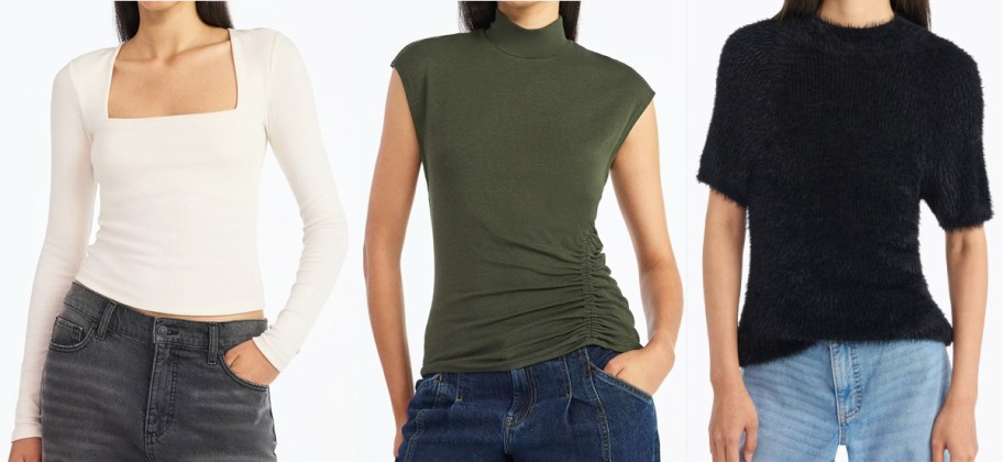 Three women model different tops: a white long-sleeve with a square neck, green sleeveless with ruching, and a fuzzy black short-sleeve sweater top.