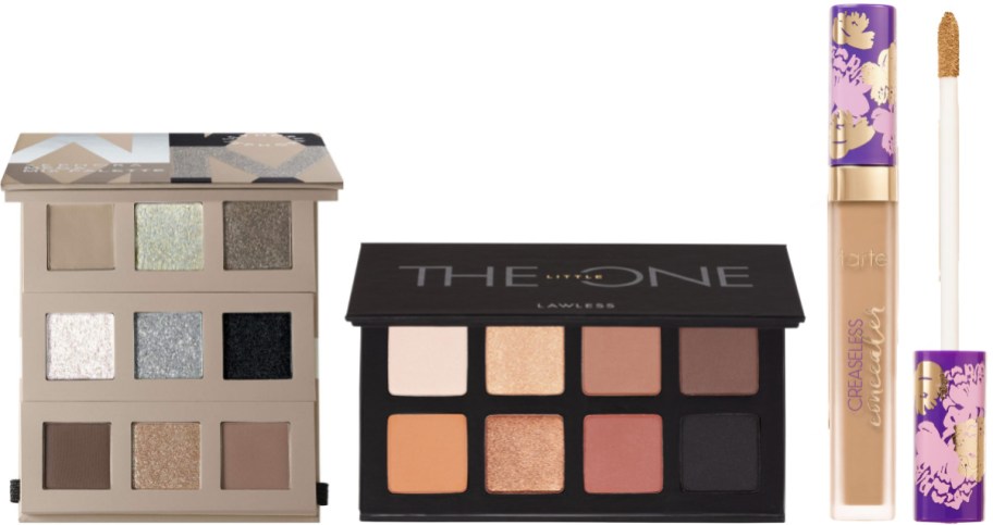 A collection of makeup products on a white background, featuring a neutral eyeshadow palette on the left, a Lawless eyeshadow palette in the center, and a Tarte concealer with a purple floral cap and applicator on the right.