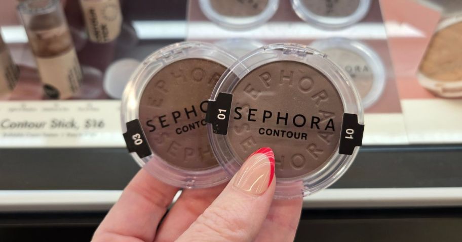 hand holding two Sephora Collection Sephora Colorful Contour Matte Powders in store