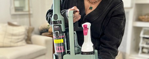 woman holding green shark stainforce cleaner in caddy