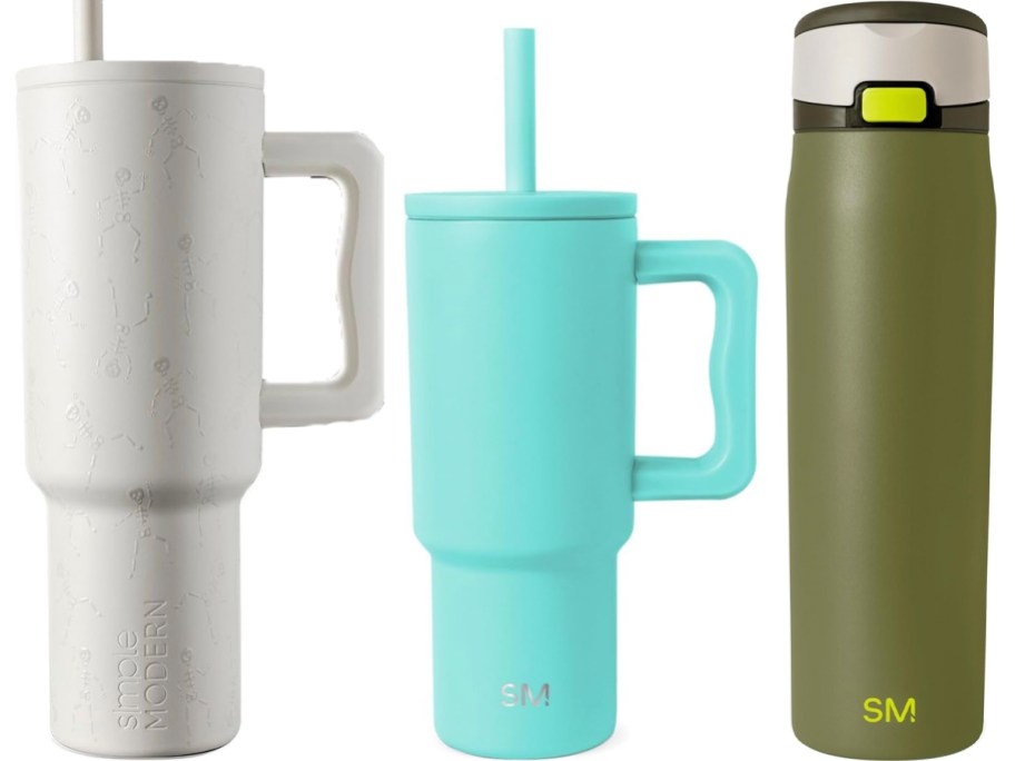 white, teal, and green tumblers
