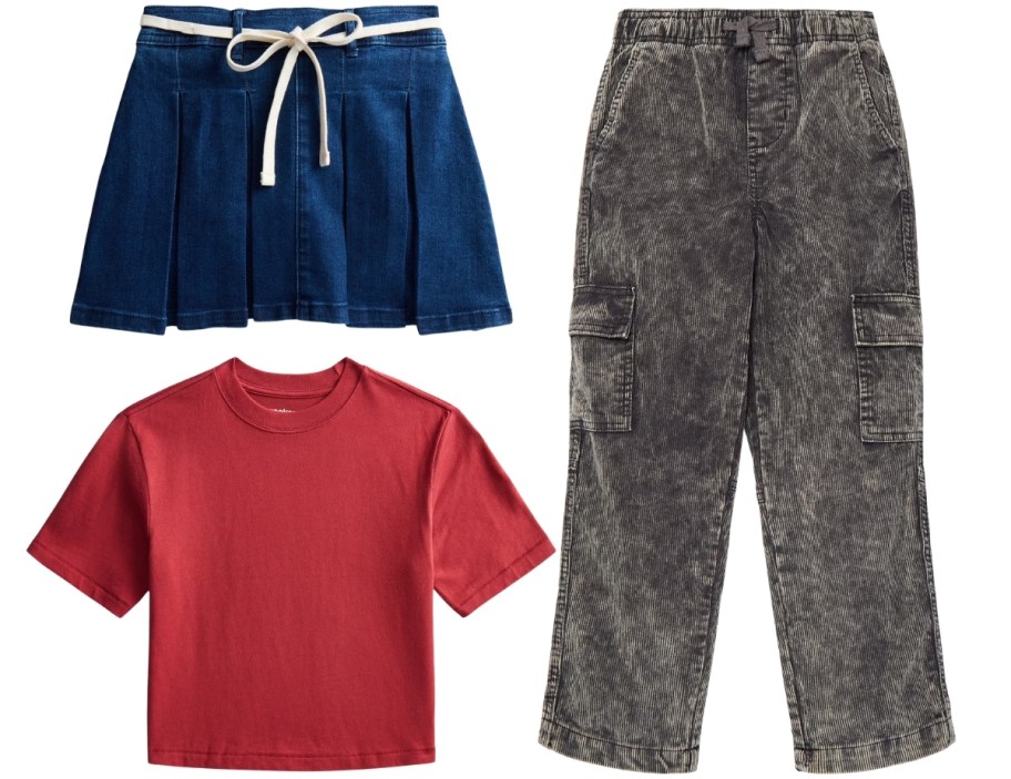 girls skirt, boys tee and cargo pants