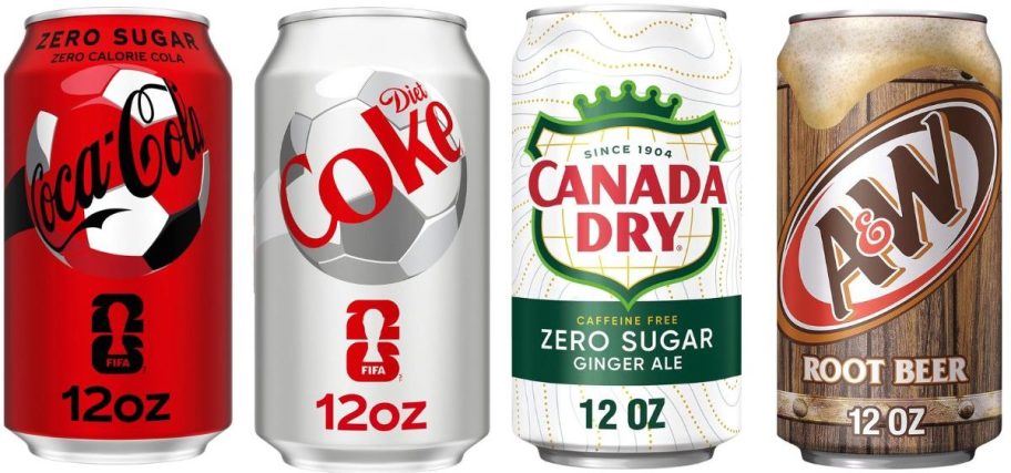 coke zero, diet coke, canada dry zero sugar, and a&w soda cans