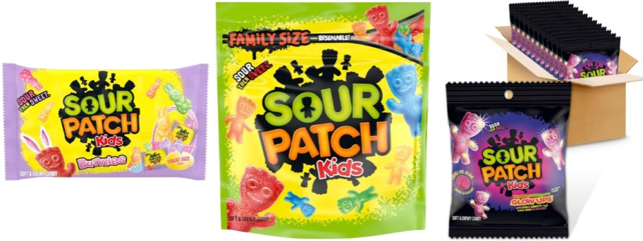 Bags of Sour Patch Kids candy in various flavors