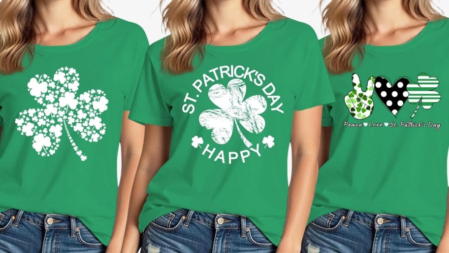 3 women wearing St. Patricks day tees