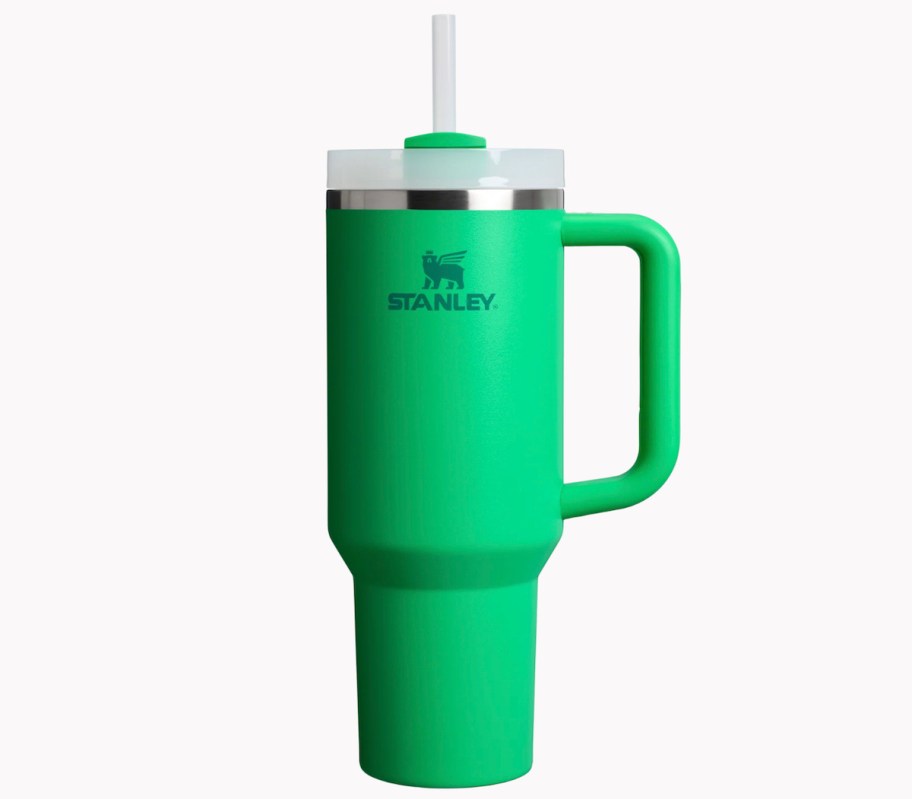 stock photo of bright green stanley tumbler