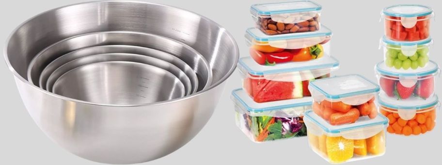 a set of nesting metal mixing bowls and a plastic food storage set