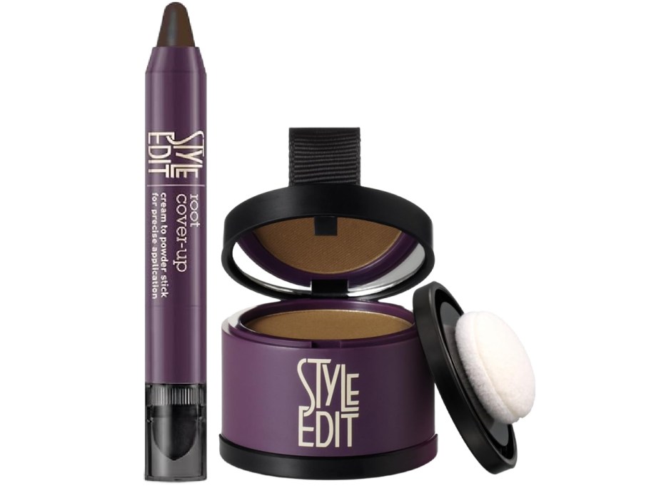 Purple Style Edit root cover-up set with a cream-to-powder stick and compact. The open compact shows brown powder and an application puff.