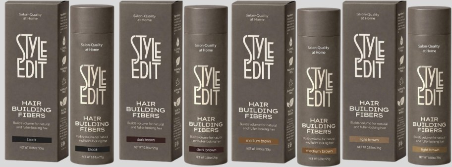bottle of hair building powder in 4 different colors