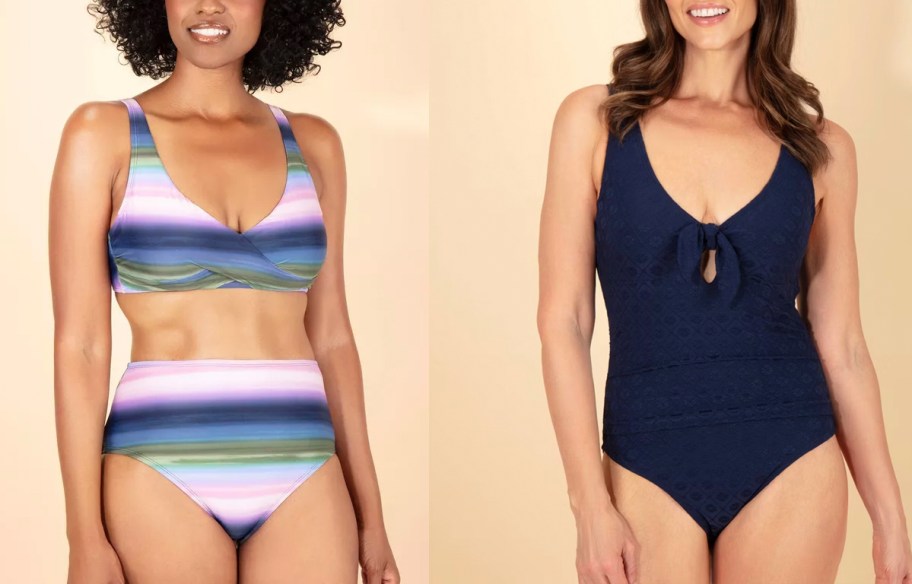 women wearing multicolor and navy swimsuits 