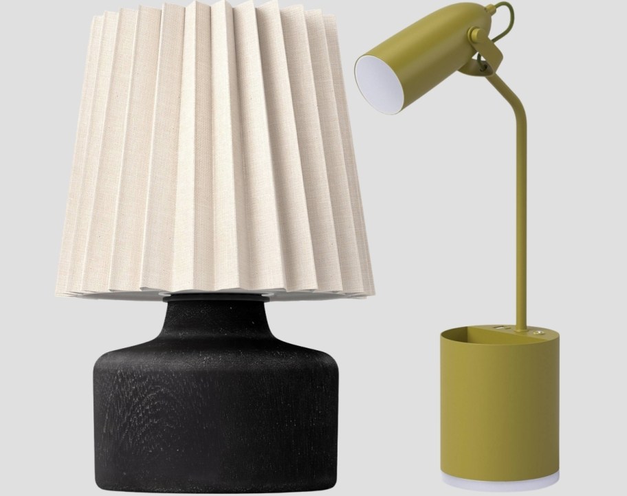 mini wooden lamp and olive green task lamkp