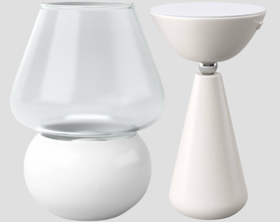 white mushroom lamp and white ambient cordless mood lamp