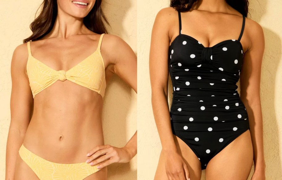women wearing yellow and black swimsuits 