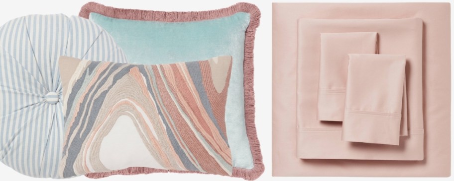 throw pillows and a sheet set