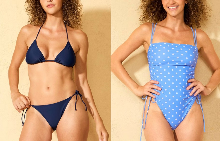 women wearing navy blue and blue spotted swimsuits 