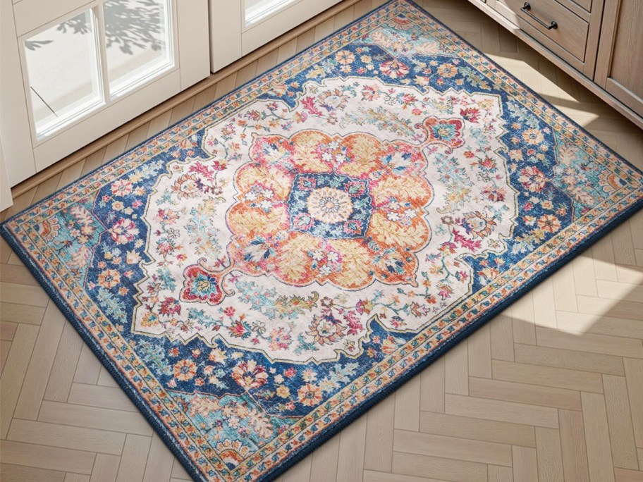 multi-color area rug near door