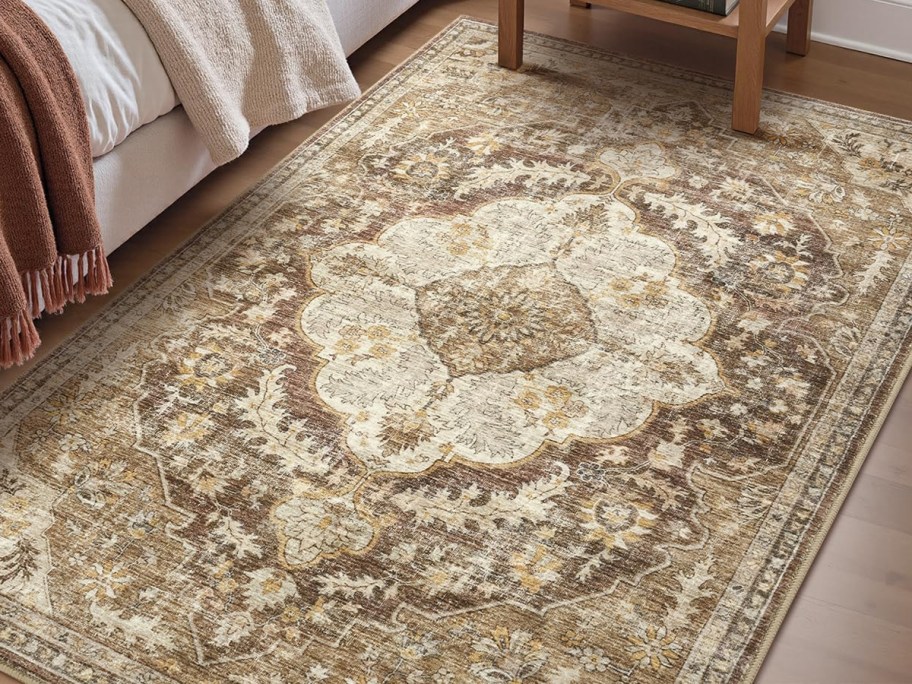 brown area rug in a bedroom