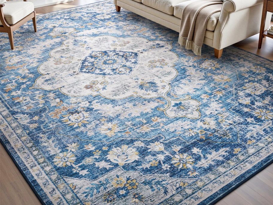 blue area rug in a living room